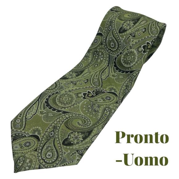 Pronto-Uomo Green Silver Paisley Pure Silk Career Office Necktie NWOT - Picture 1 of 6